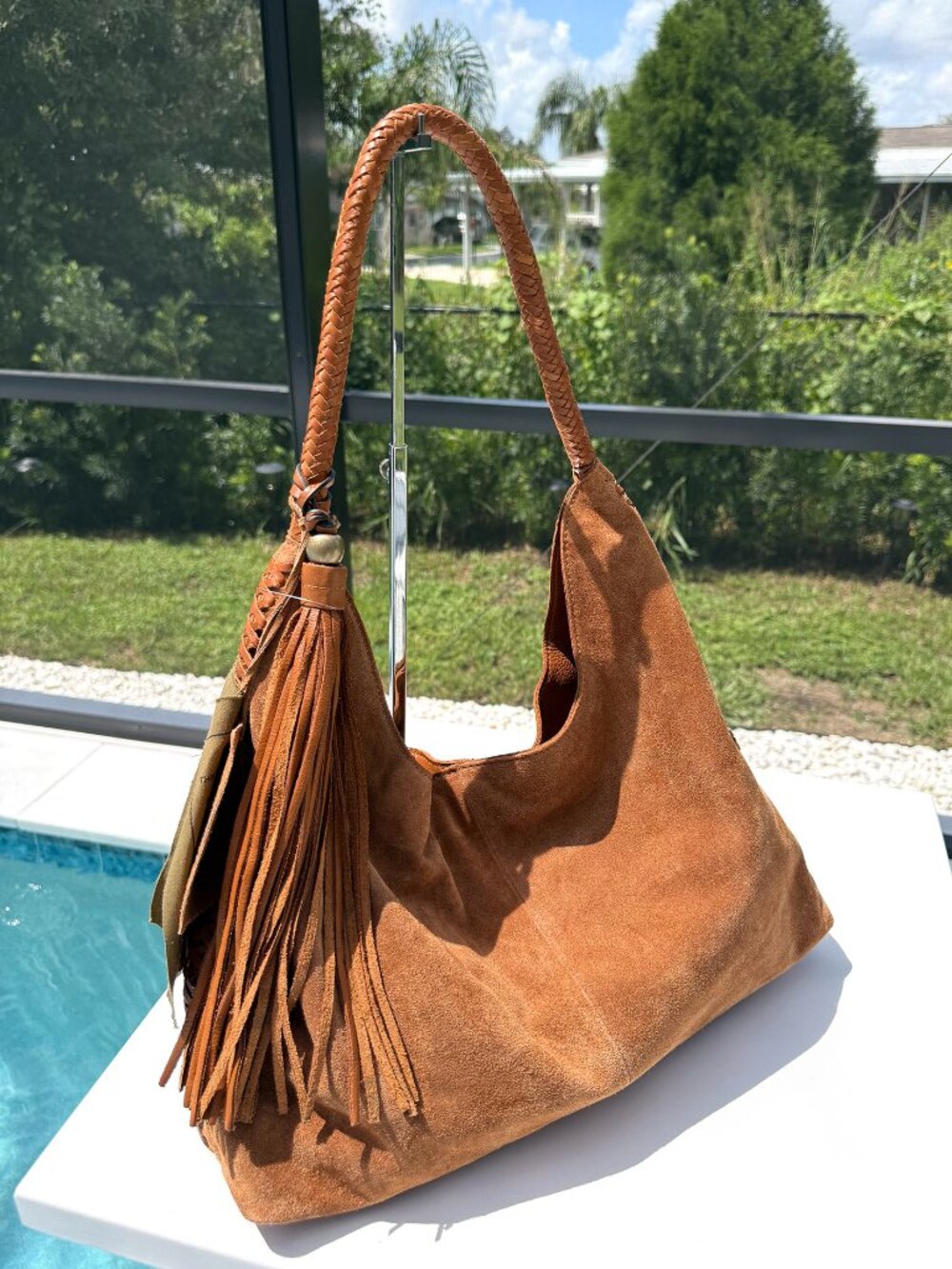 Vilenca Holland Suede Slouchy Hobo Shoulder Bag Cognac Boho Whipstitch (SEE DES)